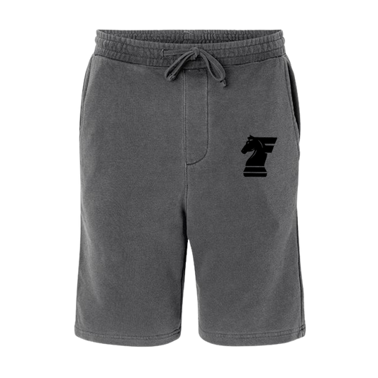 Gray shorts with a black logo on a white background