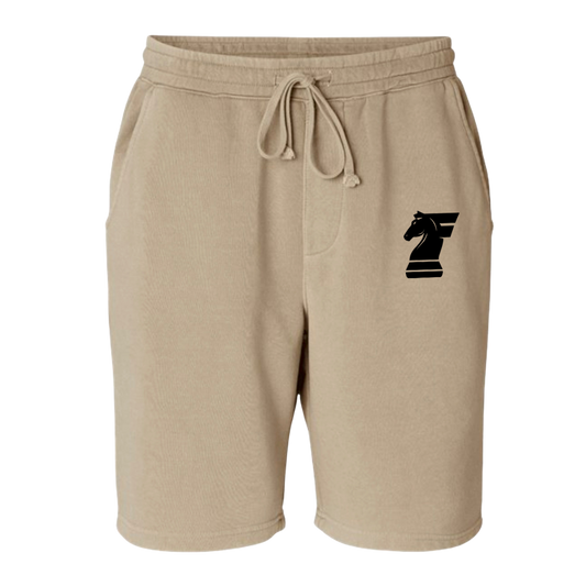 Beige shorts with a black logo on a white background