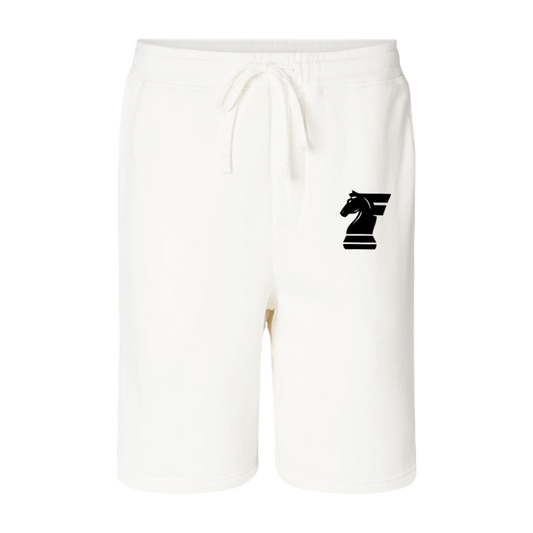 White shorts with a black chess piece logo on a white background
