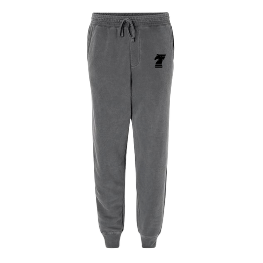 Gray sweatpants with a logo on a white background