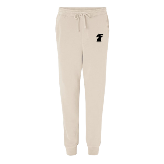 Beige sweatpants with a black logo on a white background