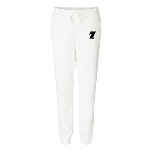 White sweatpants with a black logo on a white background