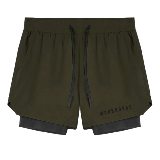 Green shorts with a black drawstring and 'WORKHOUSE' branding on a white background