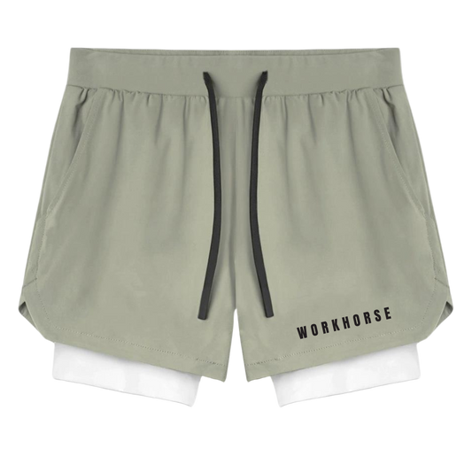 Dark beige athletic shorts with white lining and 'Workhorse' branding on a white background