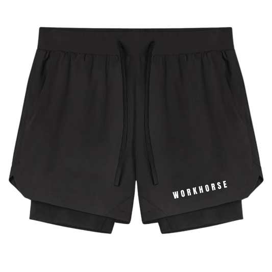 Black shorts with 'WORKHORSE' branding on a white background