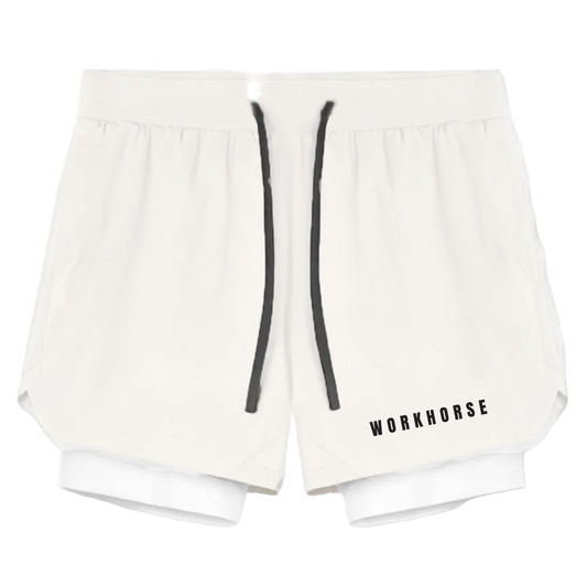White shorts with black drawstrings and 'Workhorse' branding on a white background