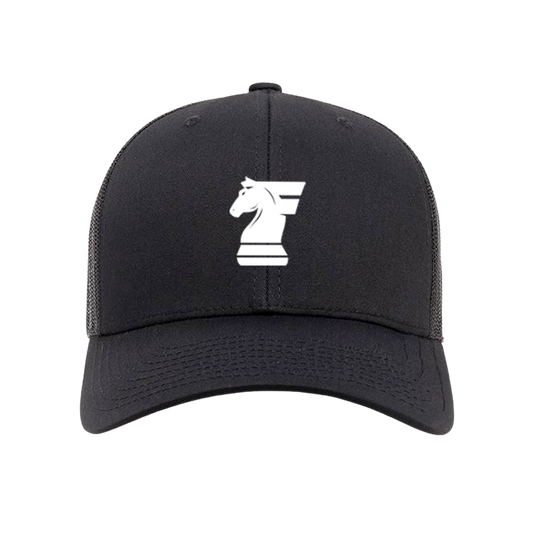 Black cap with a white chess knight logo on a white background