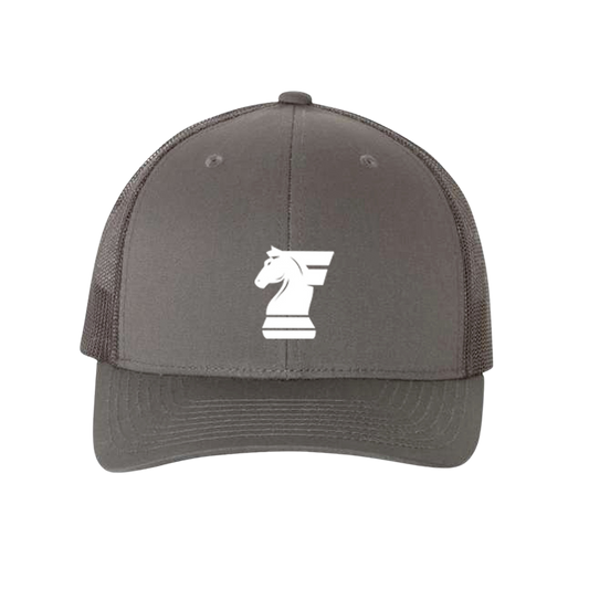 Gray cap with a white logo on a white background