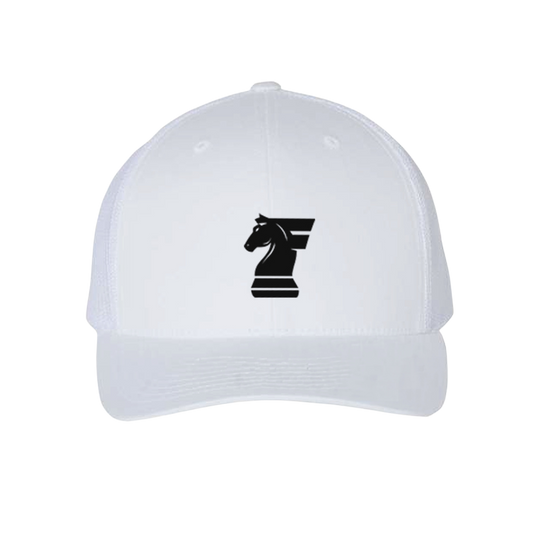 White cap with a black chess knight piece logo on a white background