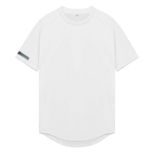 White t-shirt with a small logo on the sleeve against a white background