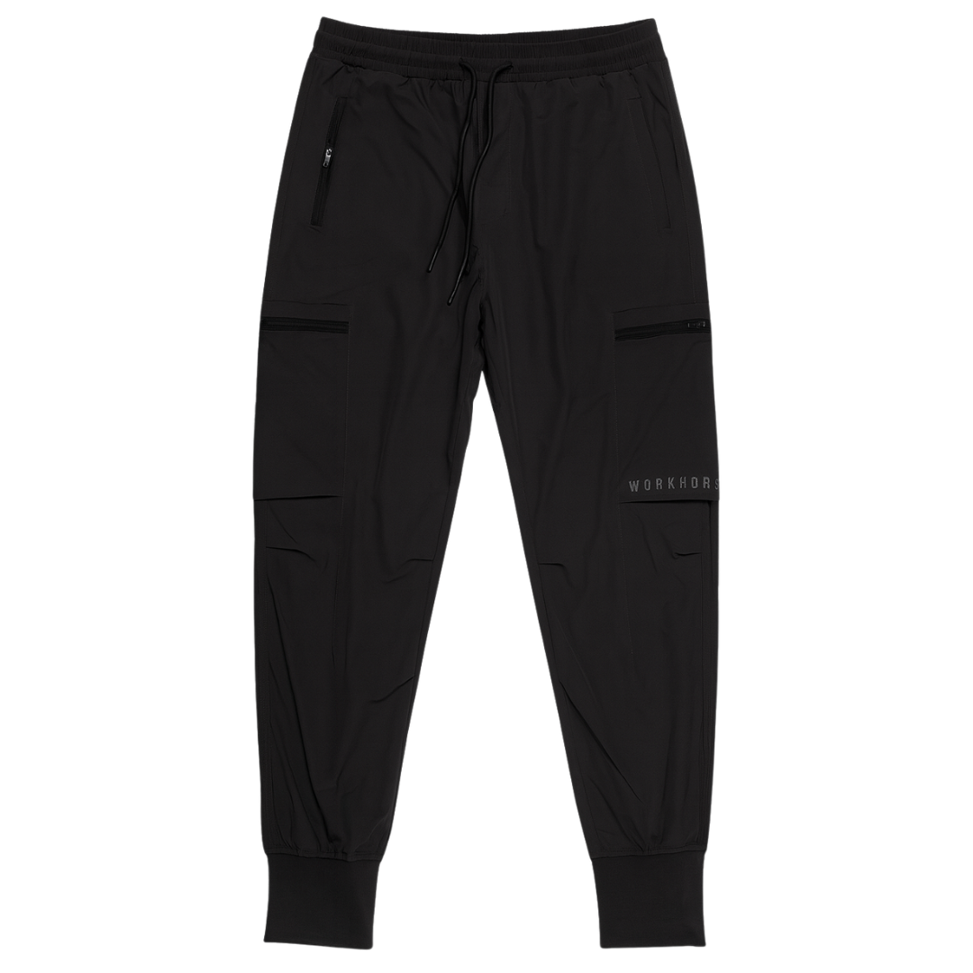 Black jogger pants with a brand logo on a white background