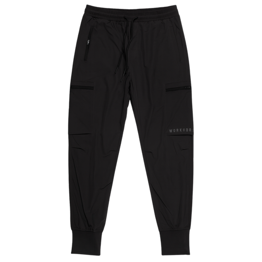 Black jogger pants with a brand logo on a white background