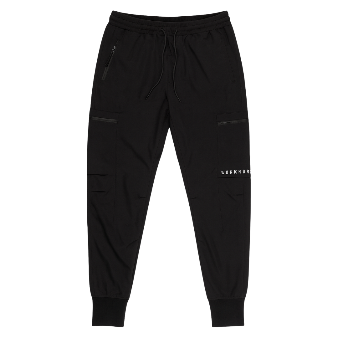 Black jogger pants with a brand logo on a white background