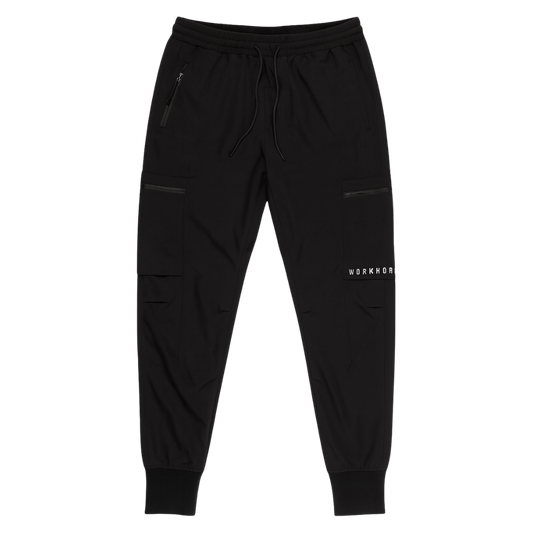 Black jogger pants with a brand logo on a white background