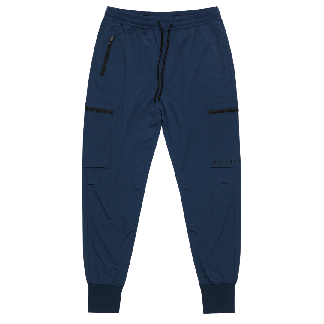 Navy blue jogger pants with zippers on a white background