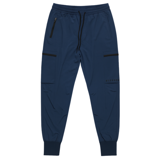 Navy blue jogger pants with zippers on a white background