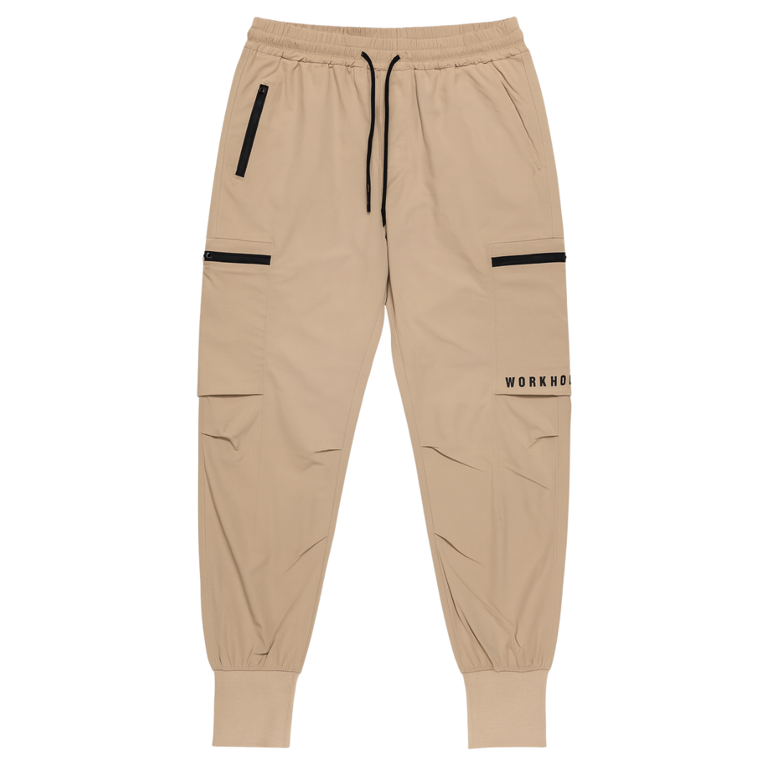 Beige jogger pants with black accents on a white background