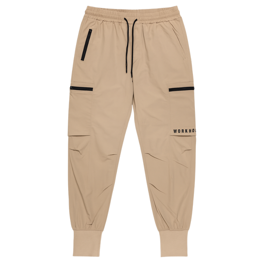 Beige jogger pants with black accents on a white background