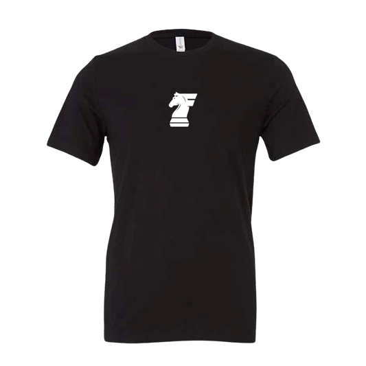 Black t-shirt with a white logo on a white background