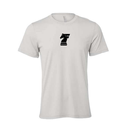 White t-shirt with a black logo on a white background