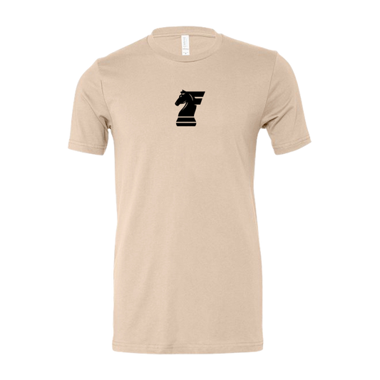 Beige t-shirt with a black logo on the chest against a white background