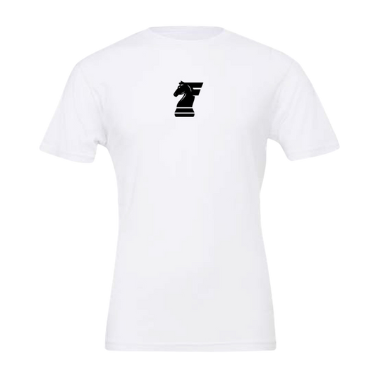 White t-shirt with a black graphic on a white background