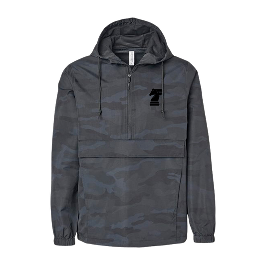Gray camouflage jacket with a logo on a white background
