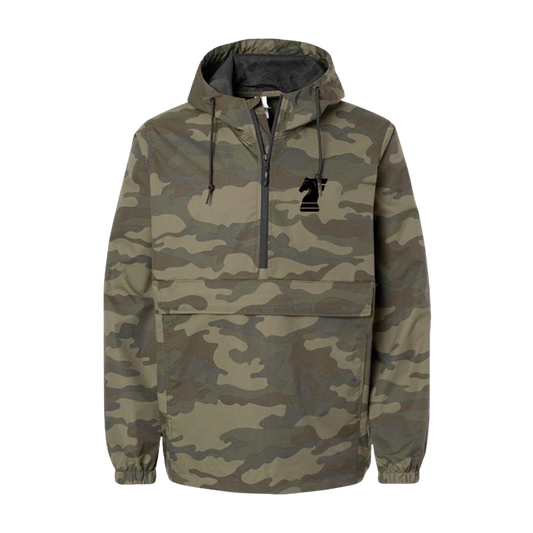 Camouflage jacket with a brand logo on a white background