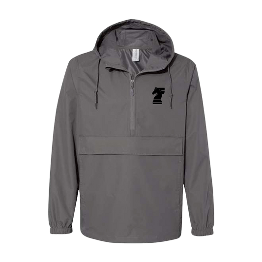 Gray hooded jacket with a logo on the chest against a white background