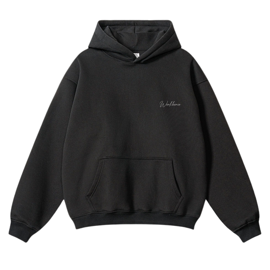 Black hoodie with a brand logo on a white background
