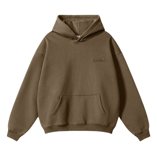 Brown hoodie with a brand logo on a white background