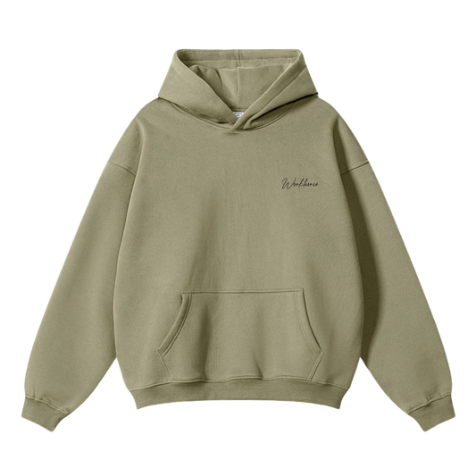 Camel hoodie with a small logo on a white background