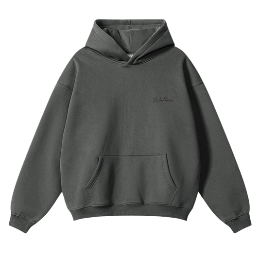 Dark gray hoodie with a small logo on a white background