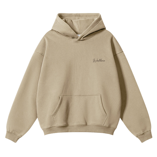 Sand hoodie with a brand logo on a white background