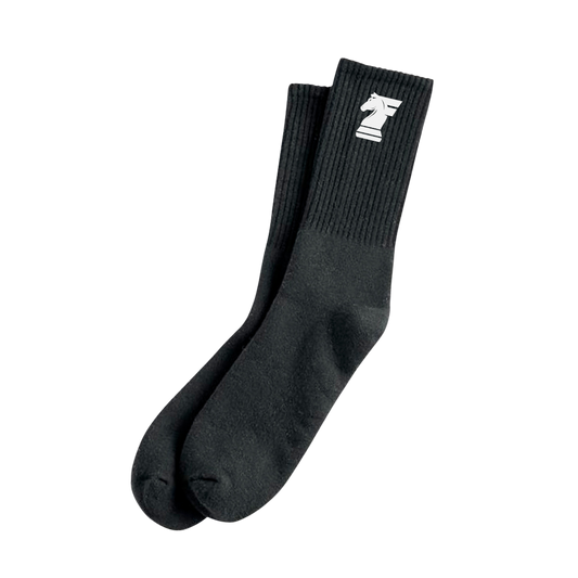 Black socks with a white logo on a white background