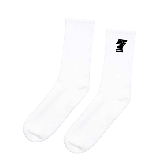 White socks with a black logo on a white background