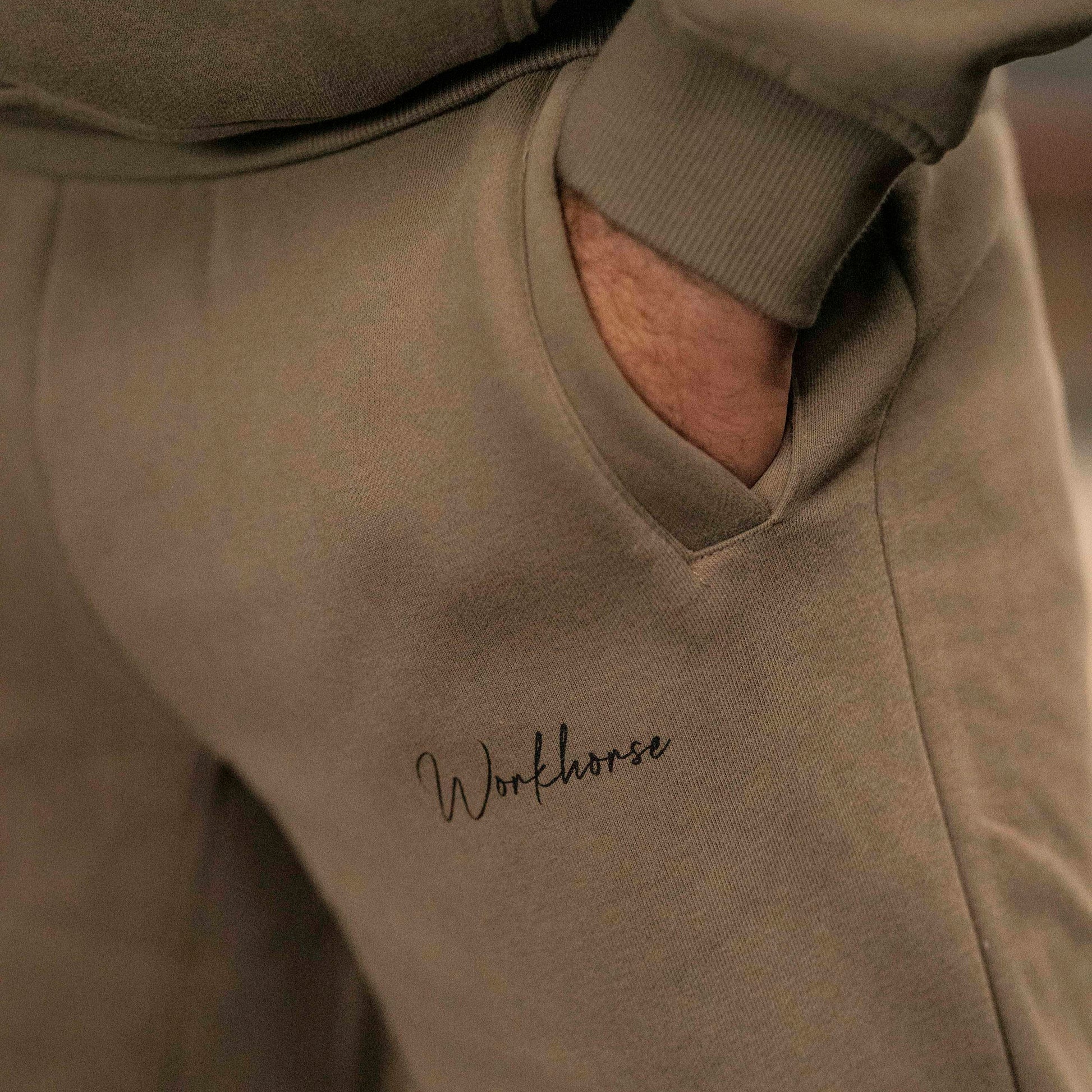 Close up of Workhorse Wide Leg Fleece Pants in color brown.