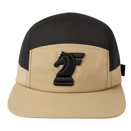 Beige and black cap with a logo on a white background