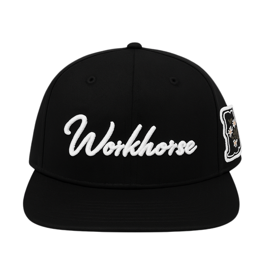 Black cap with 'Workhorse' logo on a white background