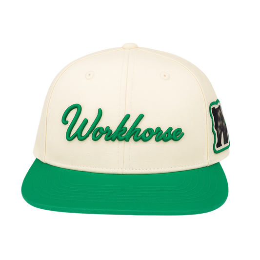Cream and green cap with 'Workhorse' branding on a white background