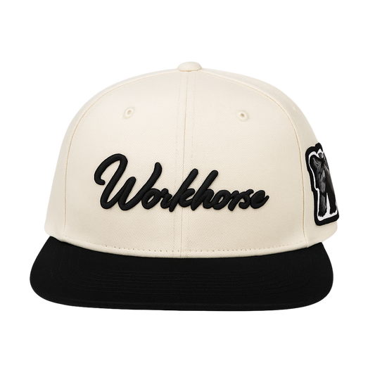 White cap with black 'Workhorse' logo on a white background