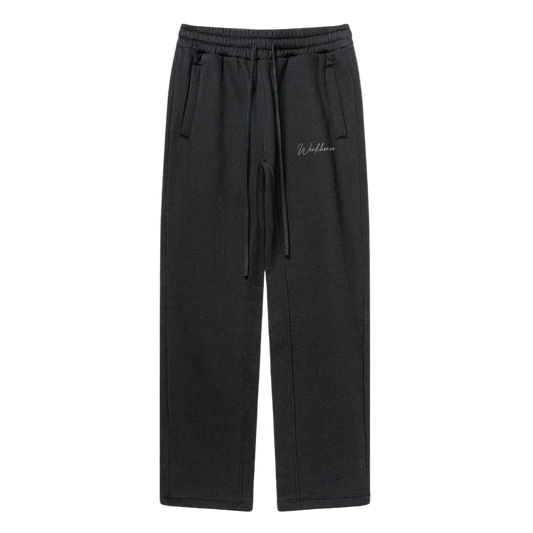 Black pants with a brand logo on a white background