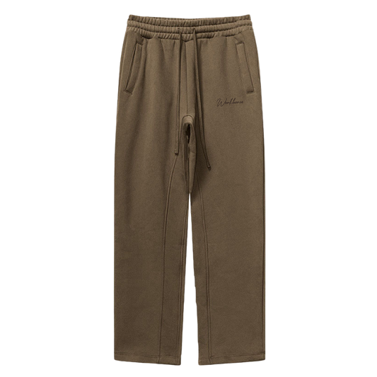 Brown sweatpants with a brand logo on a white background