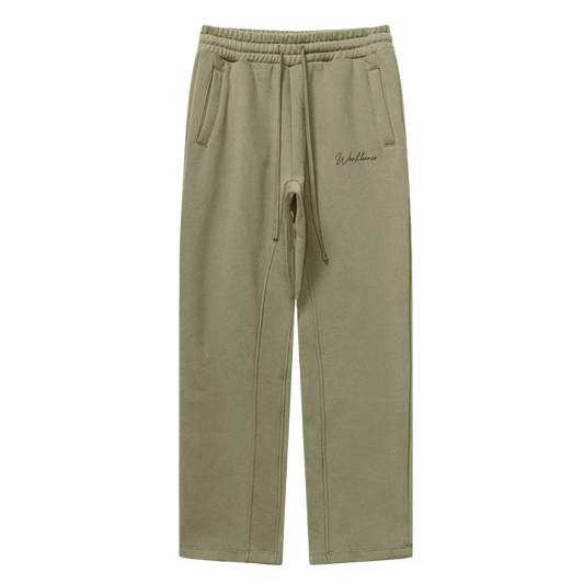Khaki sweatpants with a brand logo on a white background